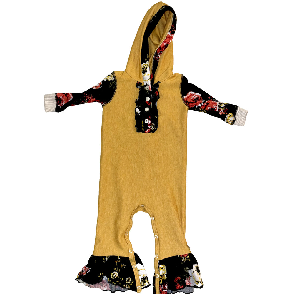 RicRac and Ruffles MustardYellow Black Floral Romper Hooded Bows Toddler 18 mo